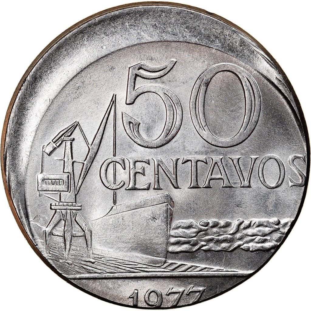 Coin, Brazil, 50 Centavos, 1977, error off center strike, AU(55-58), Stainless