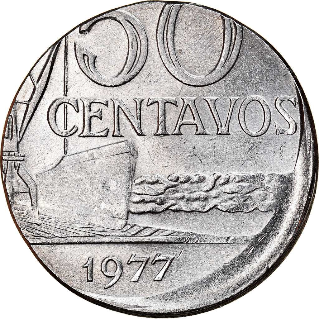 Moneda, Brasil, 50 Centavos, 1977, planchet error, EBC, Acero inoxidable