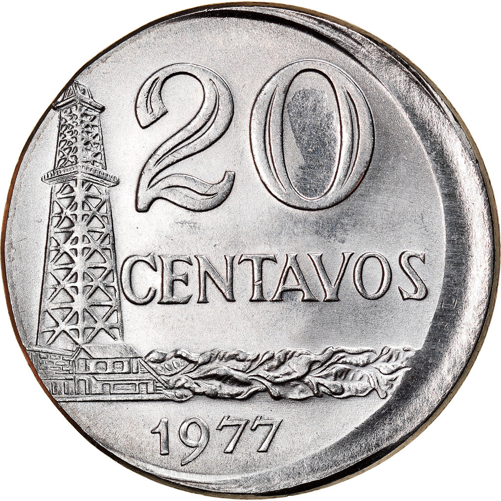 Moeda, Brasil, 20 Centavos, 1977, error off center strike, AU(55-58), Aço
