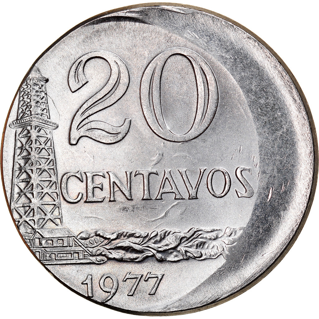 Moeda, Brasil, 20 Centavos, 1977, error off center strike, AU(55-58), Aço