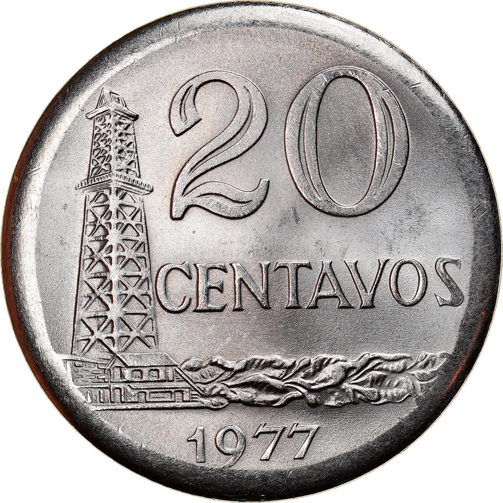 Moeda, Brasil, 20 Centavos, 1977, error broadstruck, AU(55-58), Aço