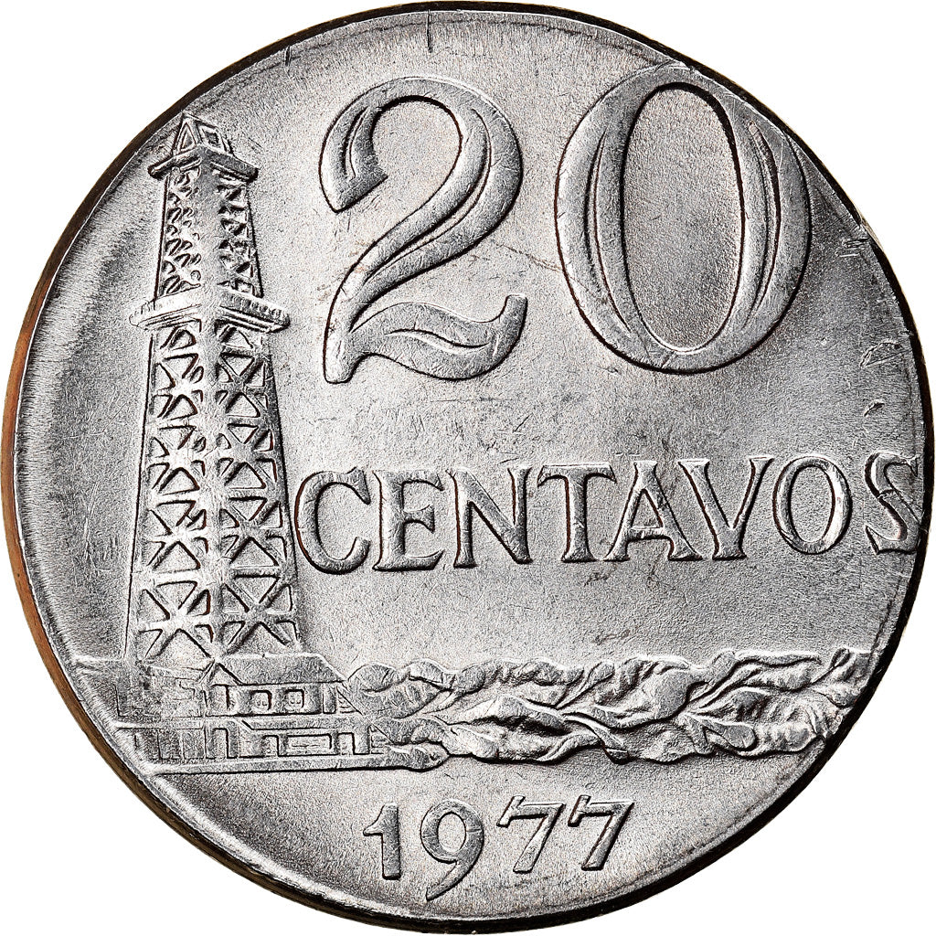 Moeda, Brasil, 20 Centavos, 1977, planchet error, AU(55-58), Aço Inoxidável