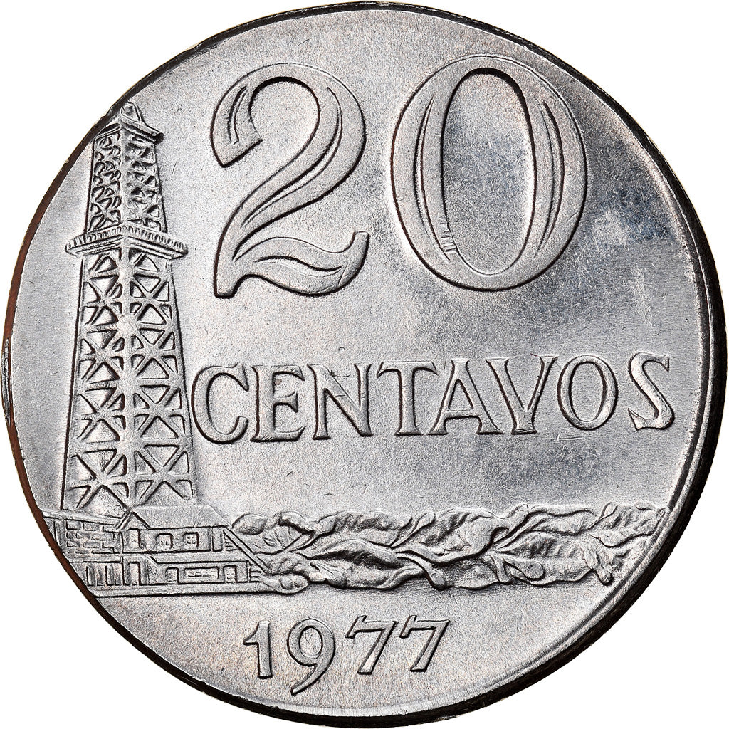 Moeda, Brasil, 20 Centavos, 1977, planchet error, AU(55-58), Aço Inoxidável
