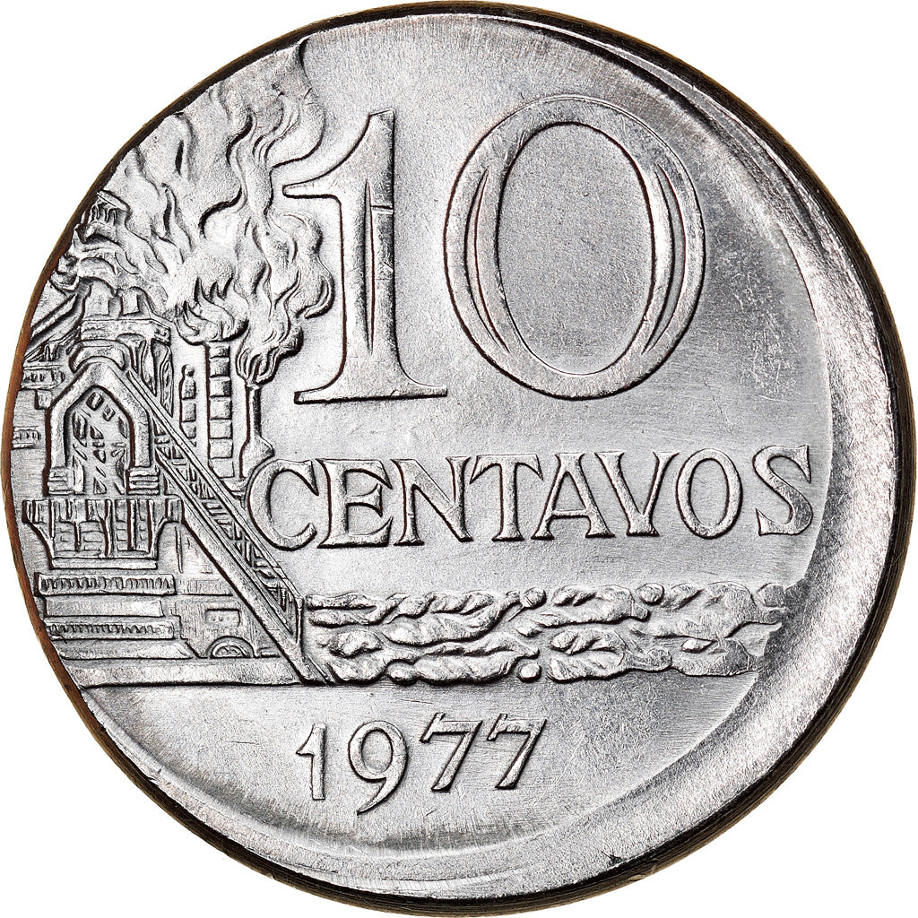 Moneda, Brasil, 10 Centavos, 1977, error off center strike, EBC, Acero