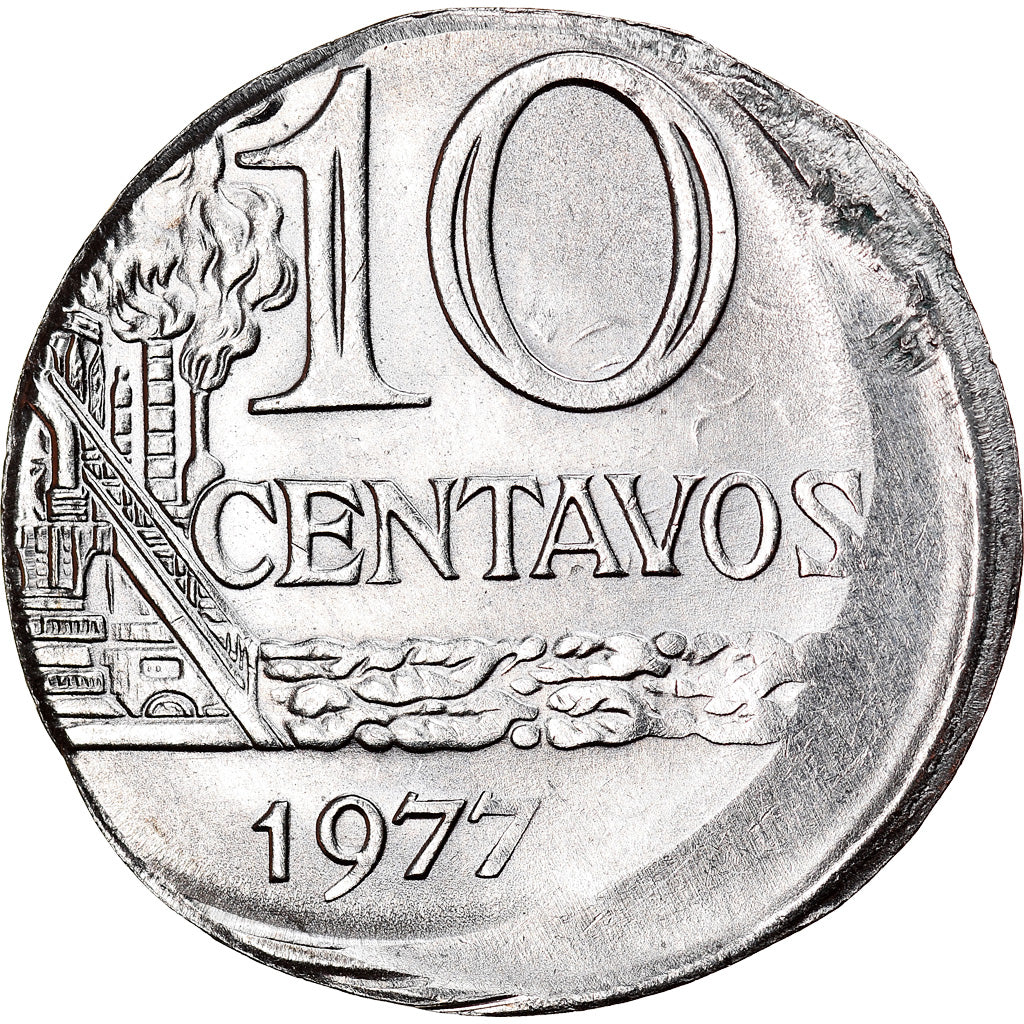Moeda, Brasil, 10 Centavos, 1977, planchet error, AU(55-58), Aço Inoxidável