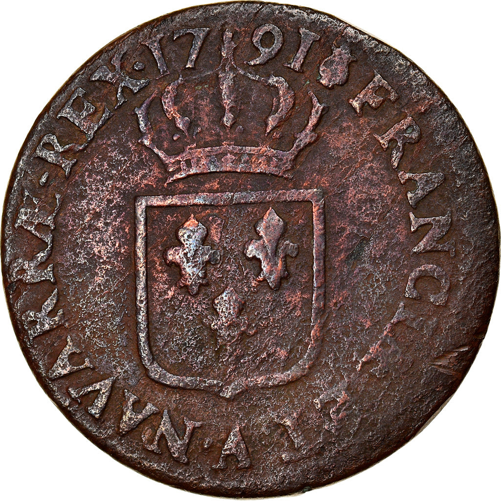 Moneta, Francja, Louis XVI, Sol ou sou, Sol, 1791, Paris, VF(20-25), Miedź