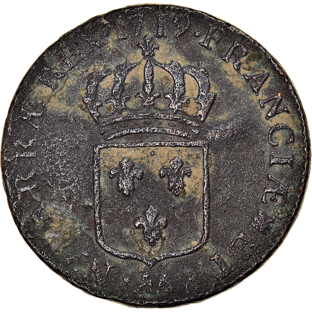 Moneta, Francia, Louis XV, Sol au buste enfantin, Sol, 1719, Metz, B+, Rame