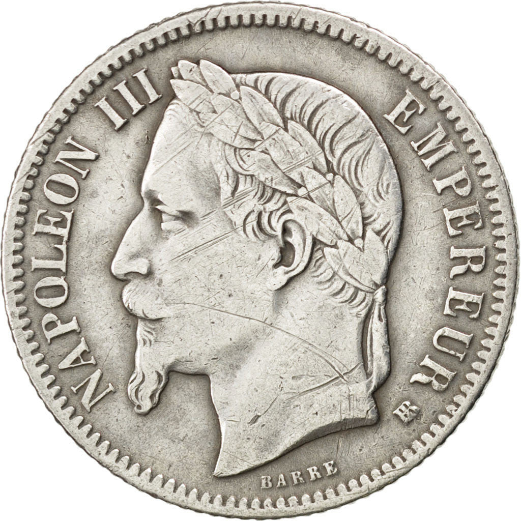 FRANCE, Napoléon III, Franc, 1867, Strasbourg, KM #806.2, VF(30-35), Silver, G..
