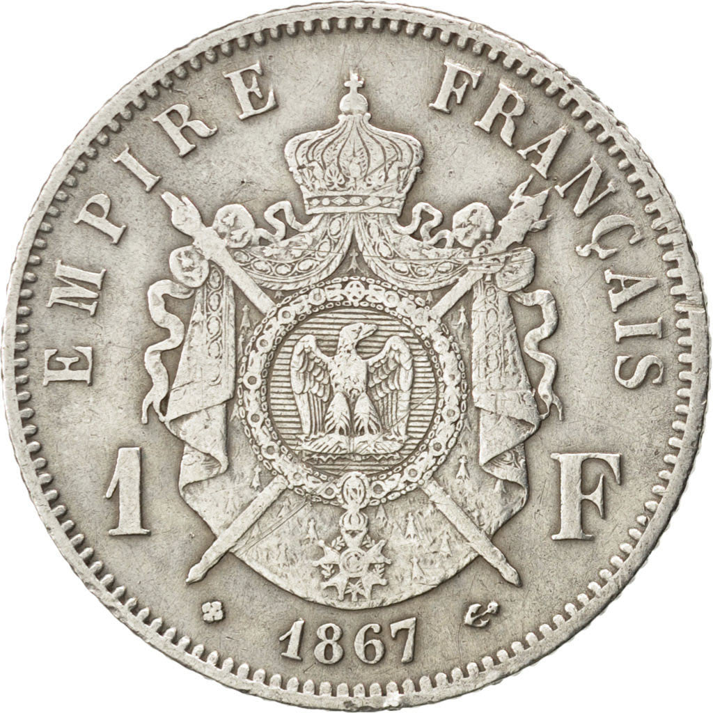 FRANCE, Napoléon III, Franc, 1867, Strasbourg, KM #806.2, VF(30-35), Silver, G..