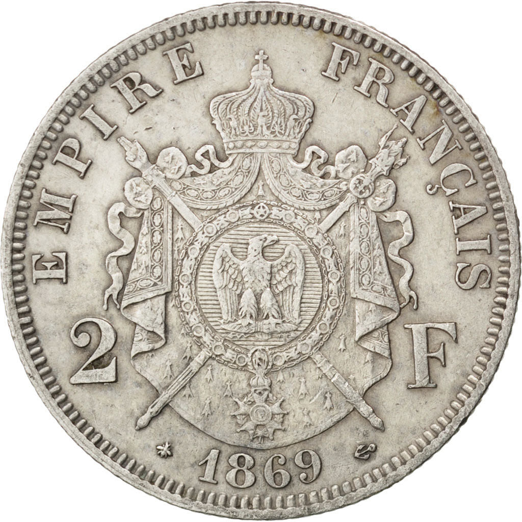 FRANCE, Napoléon III, 2 Francs, 1869, Paris, KM #807.1, EF(40-45), Silver, G...
