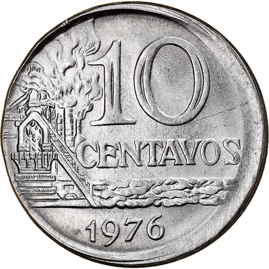 Moeda, Brasil, 10 Centavos, 1976, error off center strike, AU(55-58), Aço