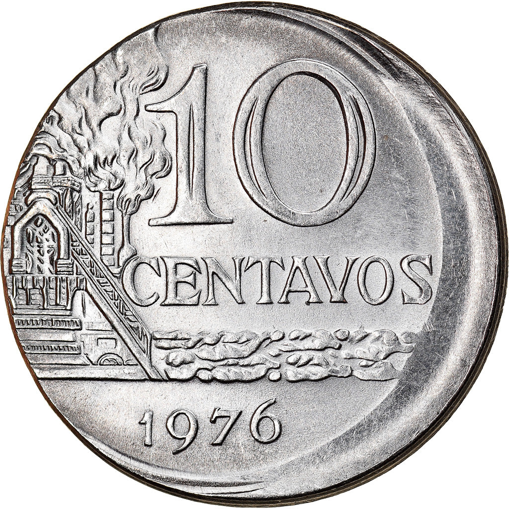 Coin, Brazil, 10 Centavos, 1976, error off center strike, AU(55-58), Stainless