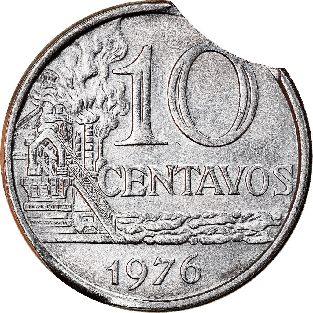 Moeda, Brasil, 10 Centavos, 1976, error clipped planchet, AU(55-58), Aço