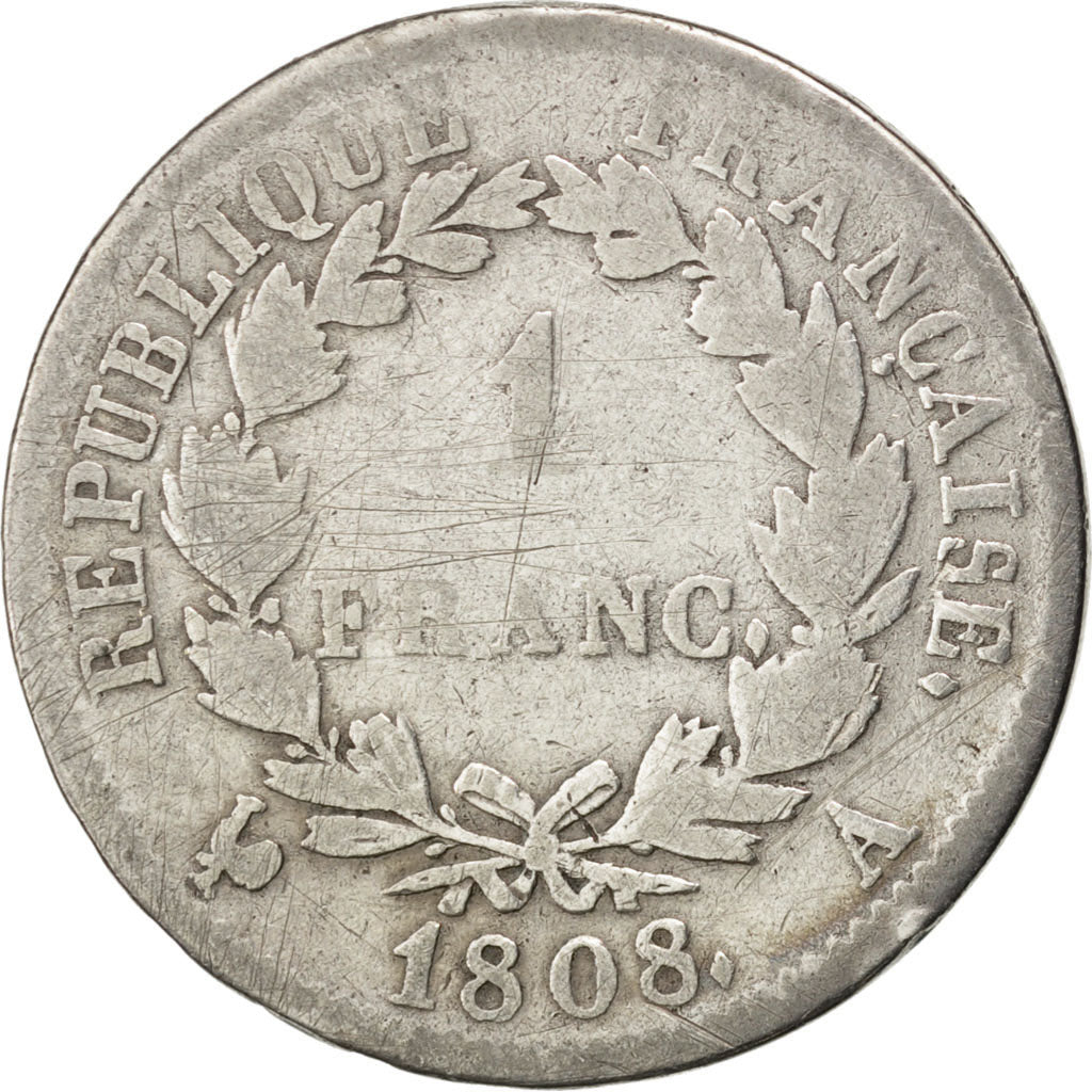 FRANCE, Napoléon I, Franc, 1808, Paris, KM #682.1, F(12-15), Silver, Gadoury #..
