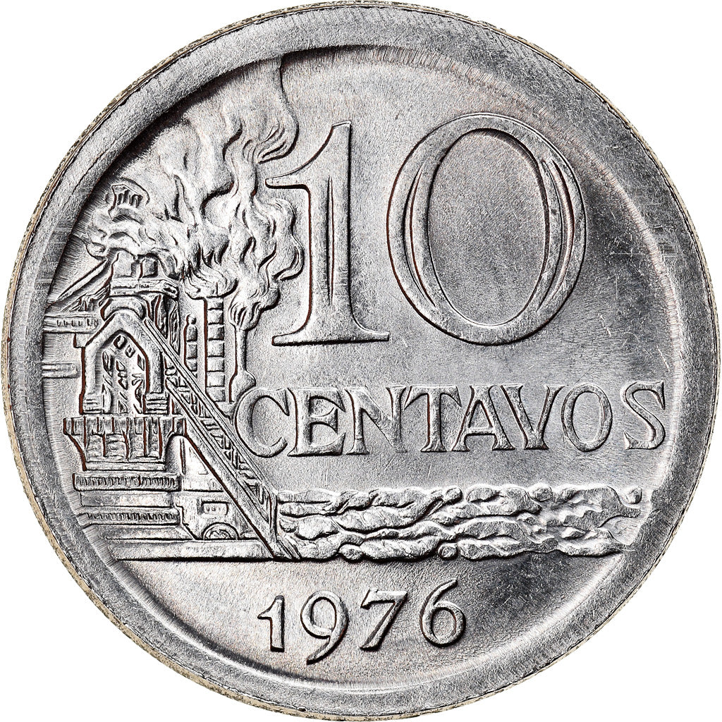 Moeda, Brasil, 10 Centavos, 1976, error broadstruck, AU(55-58), Aço