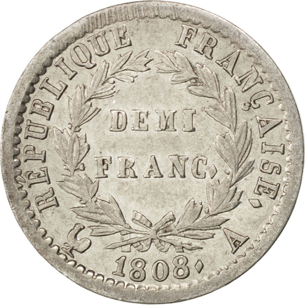 FRANCE, Napoléon I, 1/2 Franc, 1808, Paris, KM #680.1, EF(40-45), Silver, Gadour