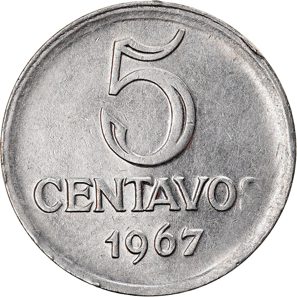 Moeda, Brasil, 5 Centavos, 1967, error cud coin, AU(55-58), Aço Inoxidável