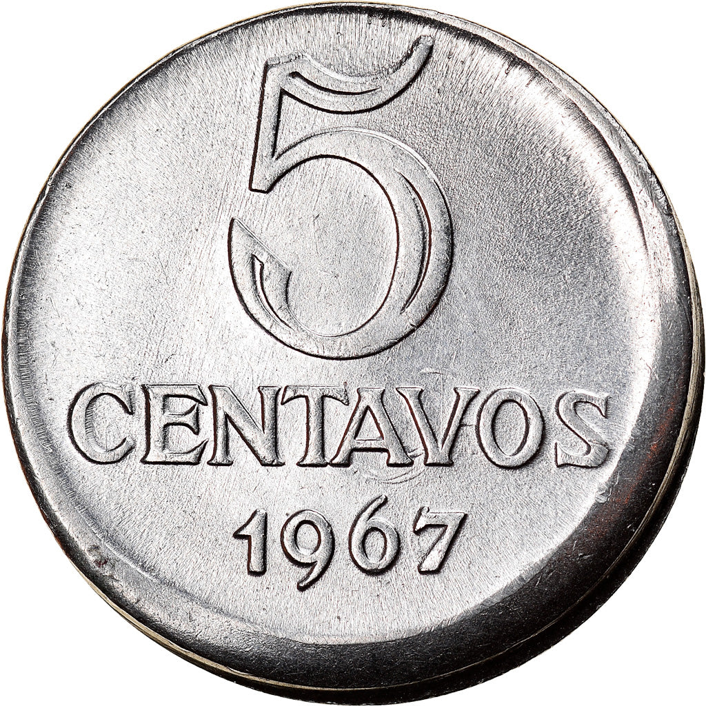 Moeda, Brasil, 5 Centavos, 1967, cupped off center strike error, AU(55-58), Aço