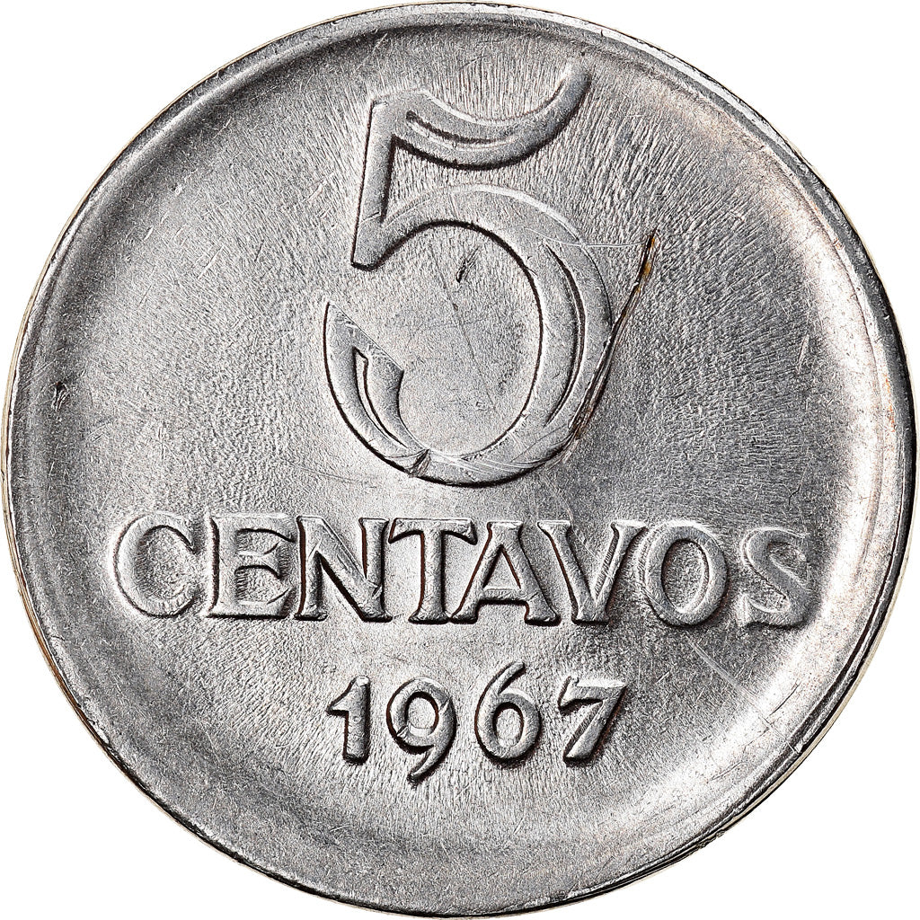 Moneta, Brasile, 5 Centavos, 1967, error broadstruck, BB+, Acciaio inossidabile