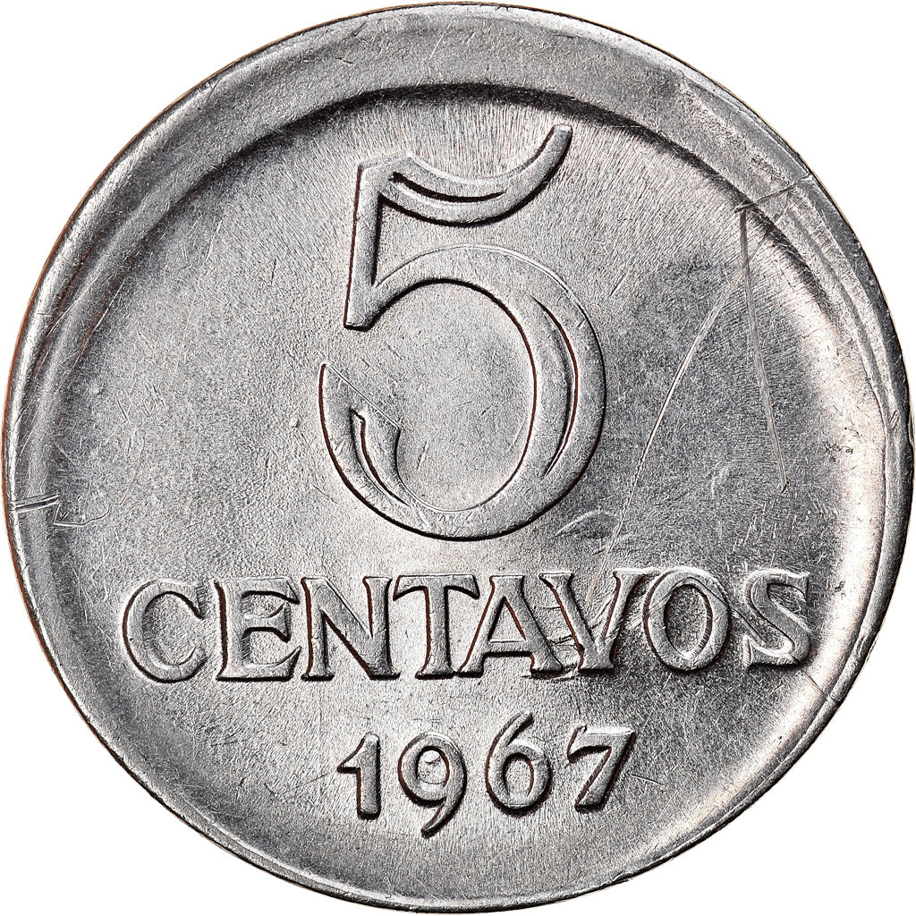 Moneta, Brasile, 5 Centavos, 1967, error broadstruck, BB+, Acciaio inossidabile