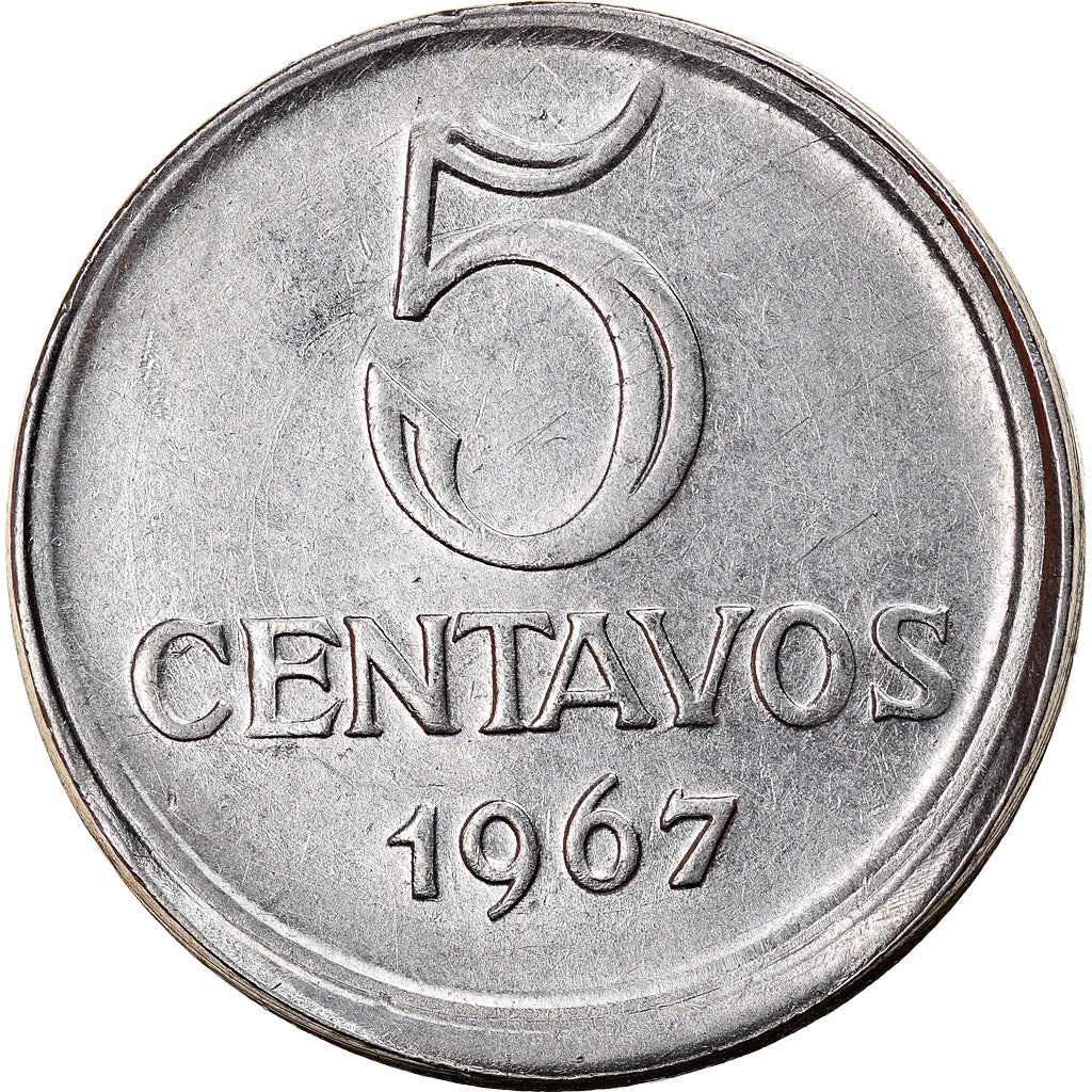 Moeda, Brasil, 5 Centavos, 1967, error broadstruck, AU(50-53), Aço Inoxidável