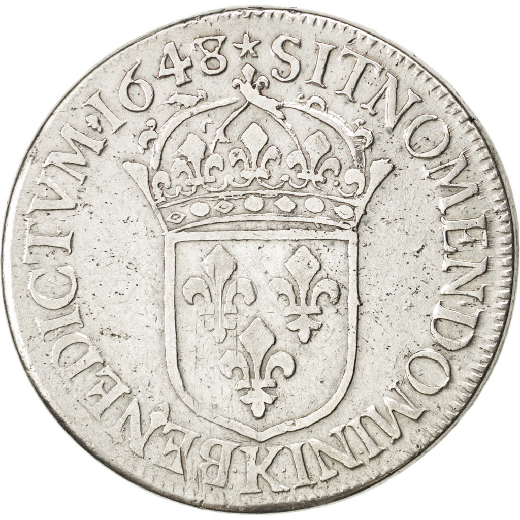 FRANCE, Écu à la mèche longue, ECU, 1648, Bordeaux, KM #155.9, VF(30-35), Silver