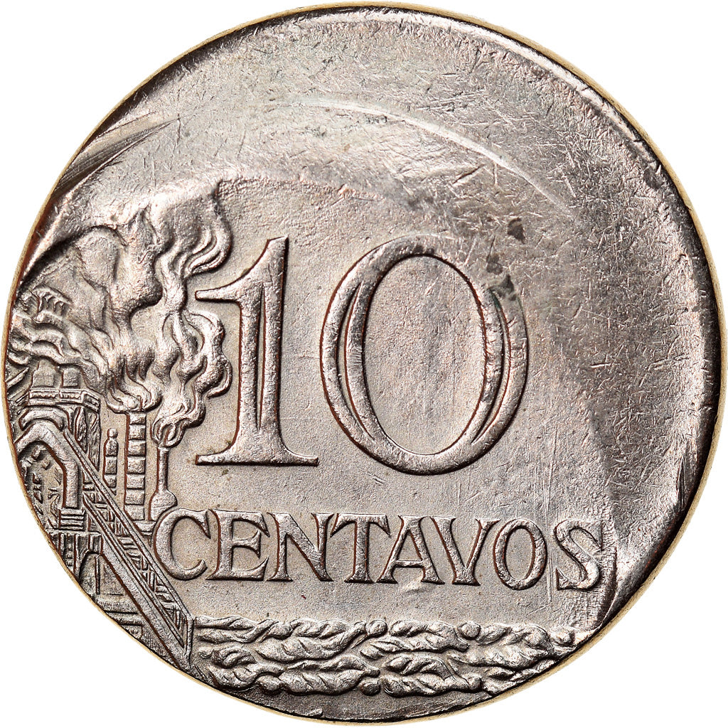 Moeda, Brasil, 10 Centavos, cupped off center strike error, AU(50-53)