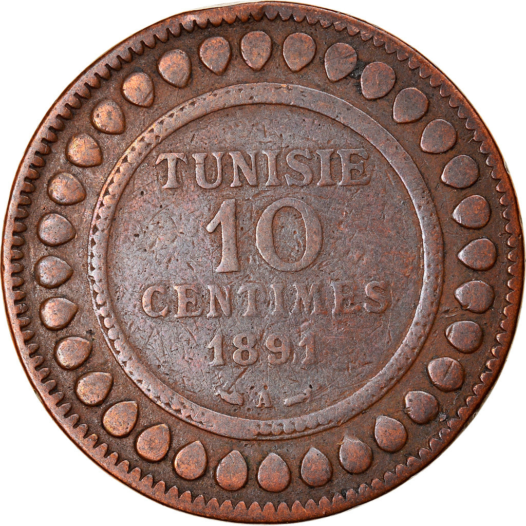 Moneta, Tunisia, Ali Bey, 10 Centimes, 1891, Paris, MB, Bronzo, KM:222
