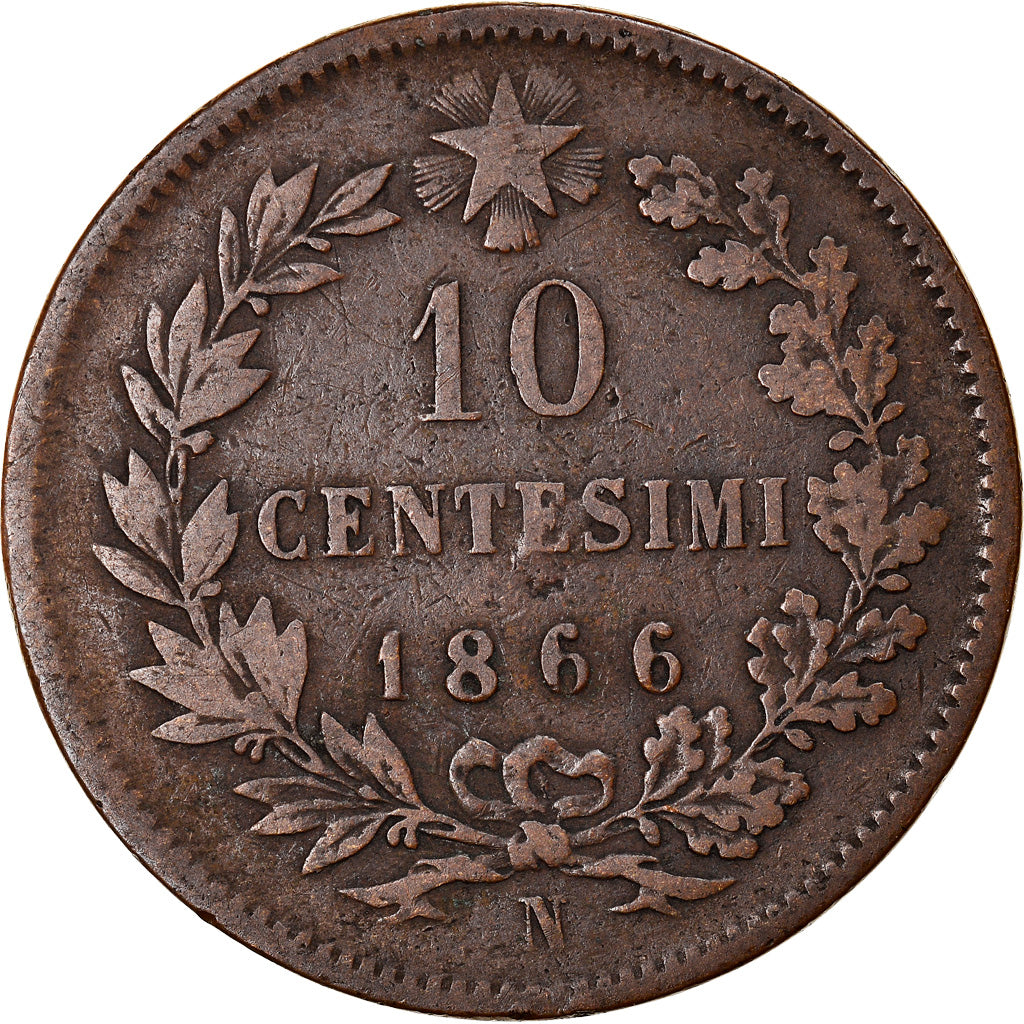 Moneda, Italia, Vittorio Emanuele II, 10 Centesimi, 1866, Naples, BC+, Cobre