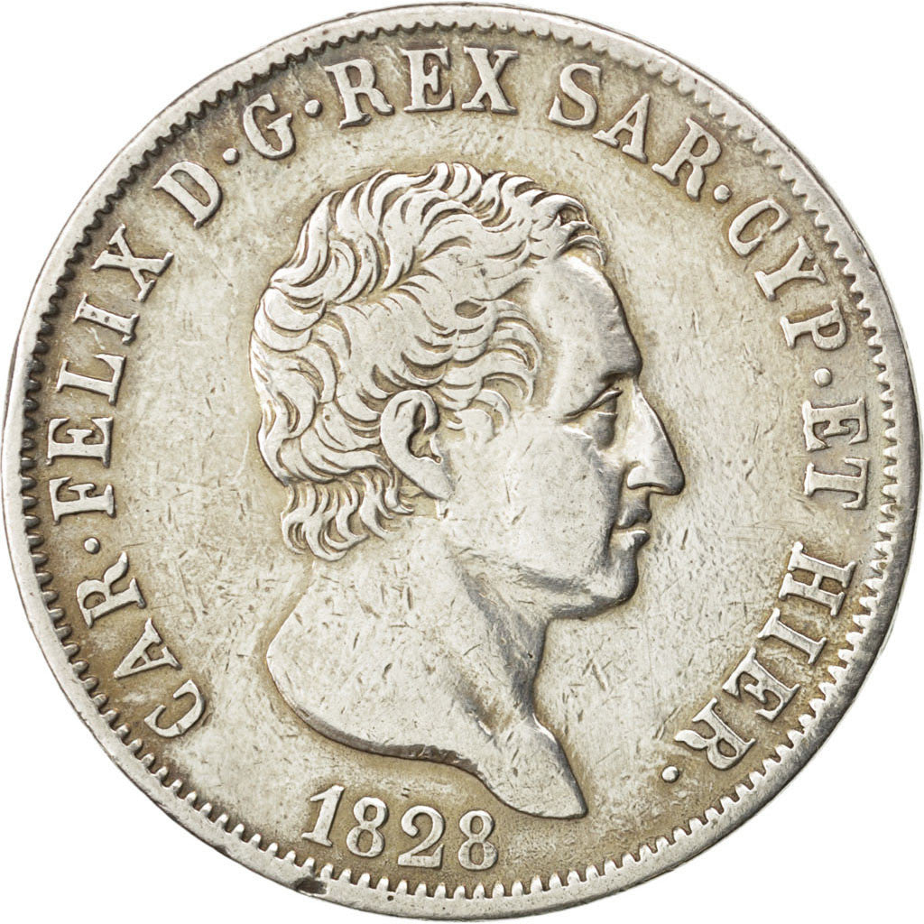 ITALIAN STATES, 5 Lire, 1828, Genoa, KM #116.2, EF(40-45), Silver, 37, 24.50