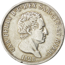ITALIAN STATES, 5 Lire, 1828, Genoa, KM #116.2, EF(40-45), Silver, 37, 24.50
