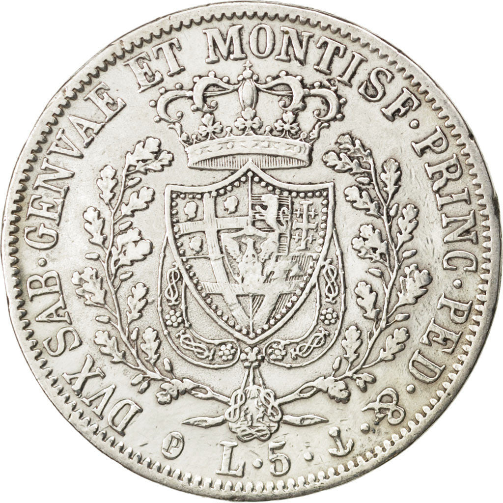 ITALIAN STATES, 5 Lire, 1828, Genoa, KM #116.2, EF(40-45), Silver, 37, 24.50