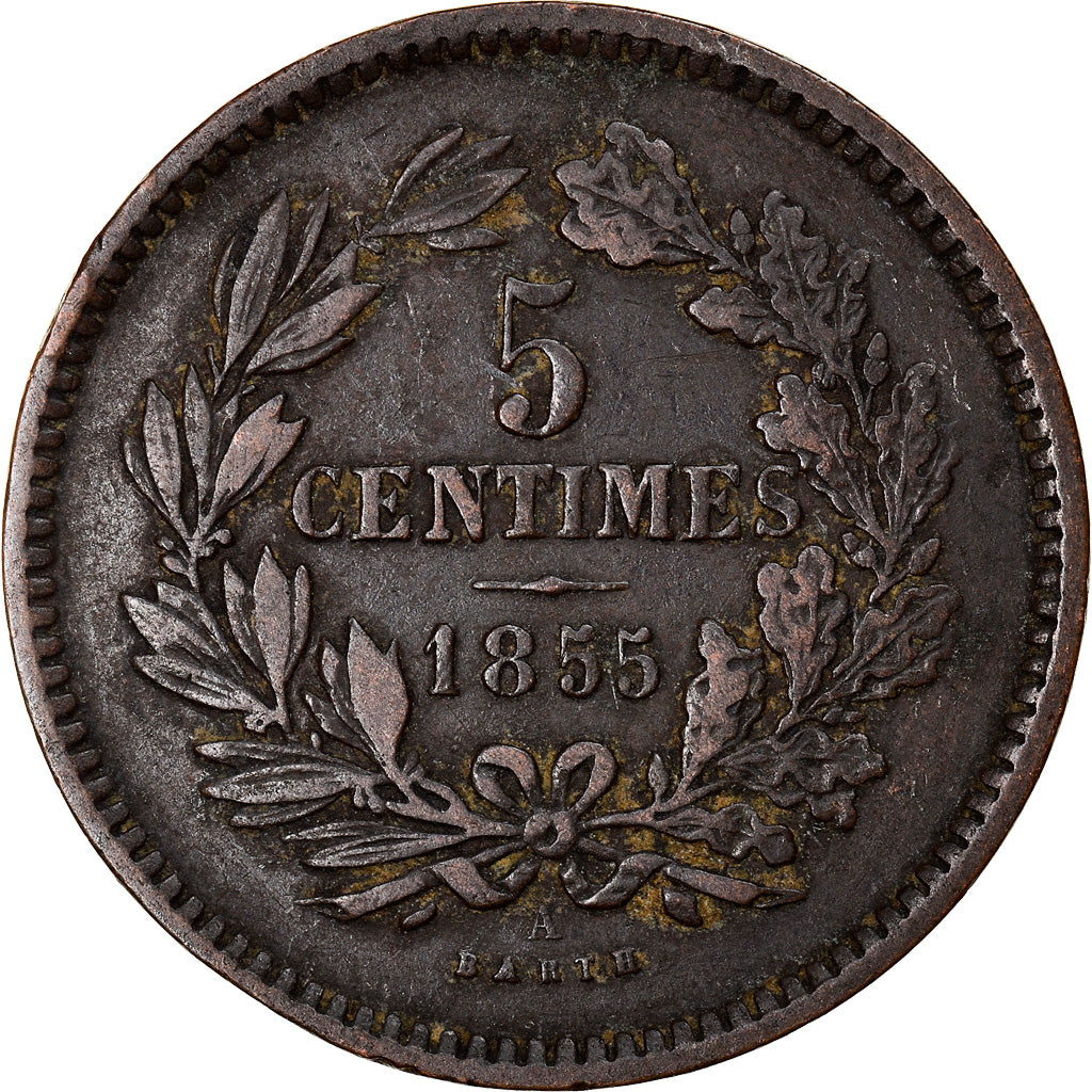Moneta, Lussemburgo, William III, 5 Centimes, 1855, Paris, MB+, Bronzo, KM:22.2