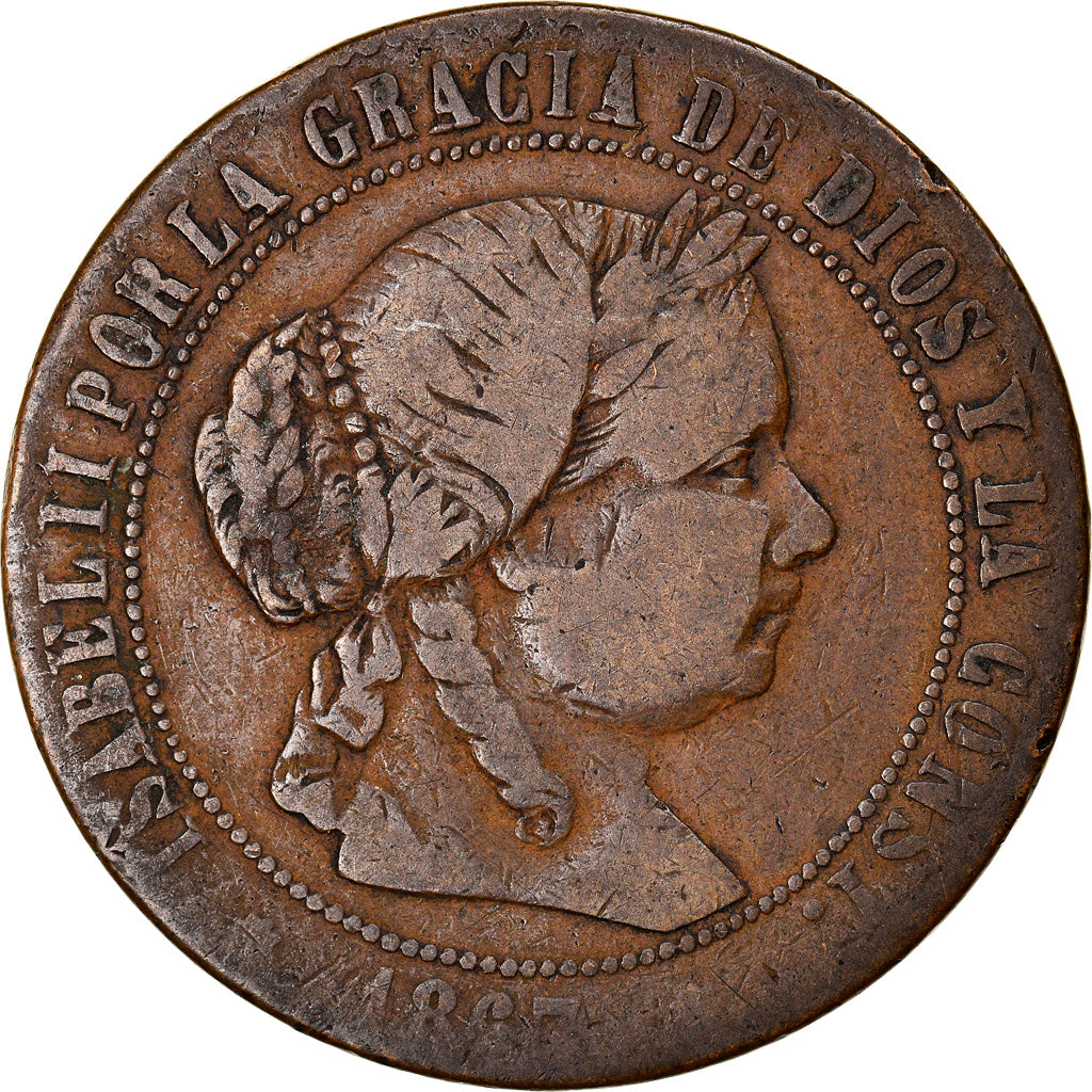 Moneta, Hiszpania, Isabel II, 5 Centimos, 1867, Madrid, VF(20-25), Miedź