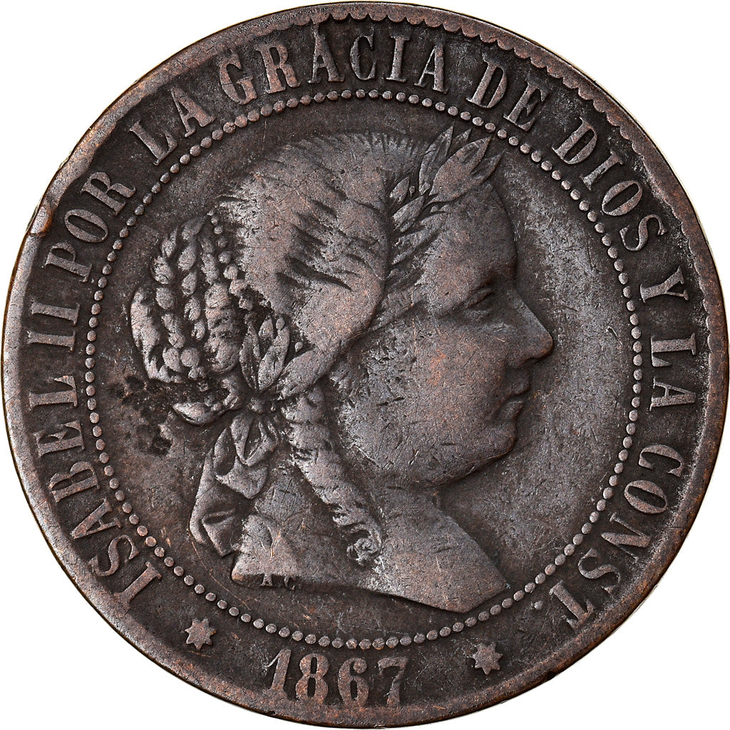 Münze, Spanien, Isabel II, 2-1/2 Centimos, 1867, Madrid, S+, Kupfer, KM:634.5
