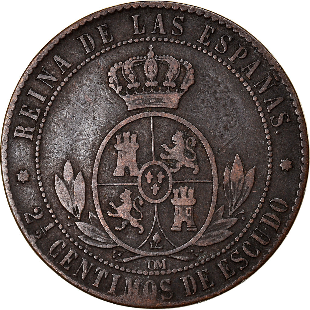 Münze, Spanien, Isabel II, 2-1/2 Centimos, 1867, Madrid, S+, Kupfer, KM:634.5