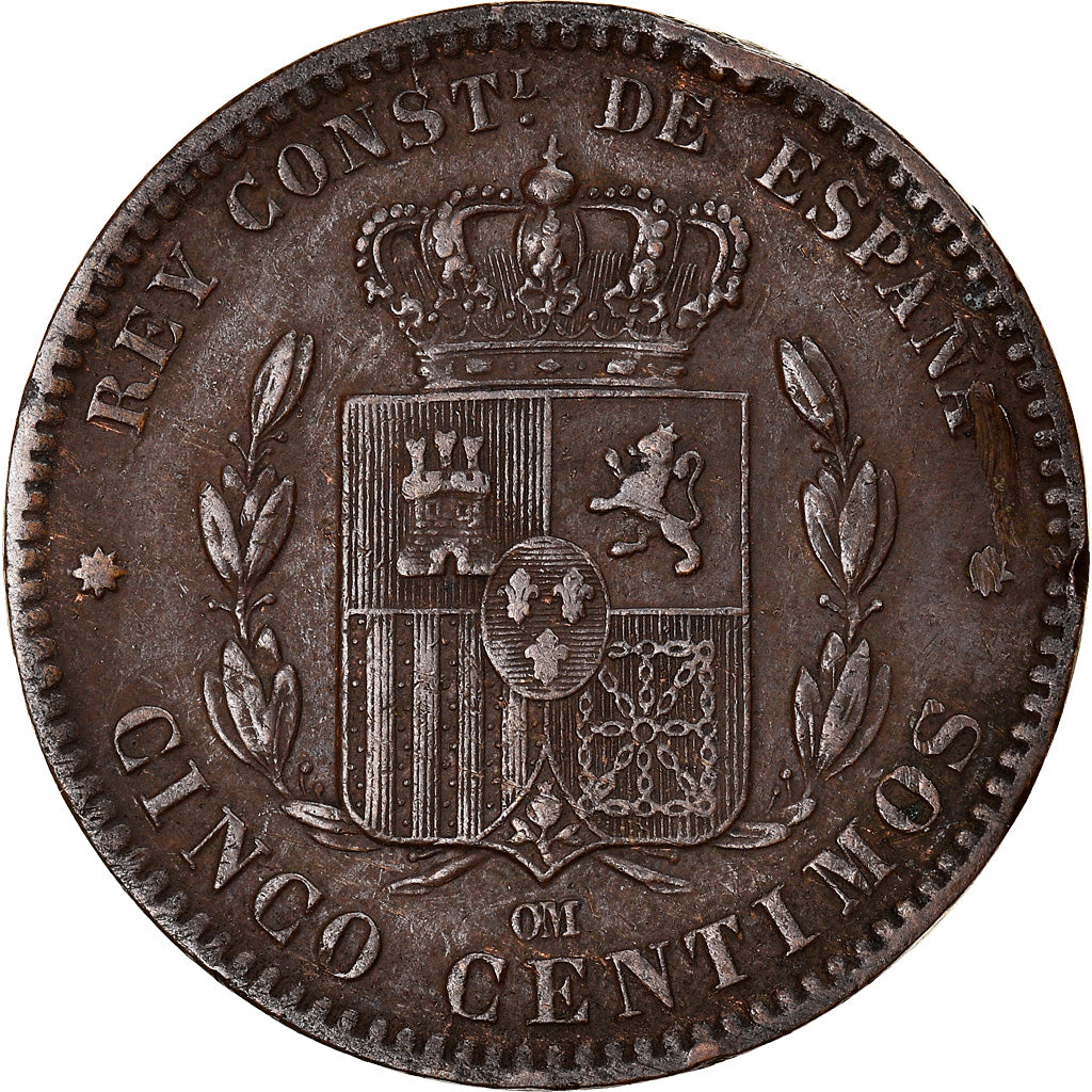 Moneta, Spagna, Alfonso XII, 5 Centimos, 1879, Madrid, MB+, Bronzo, KM:674
