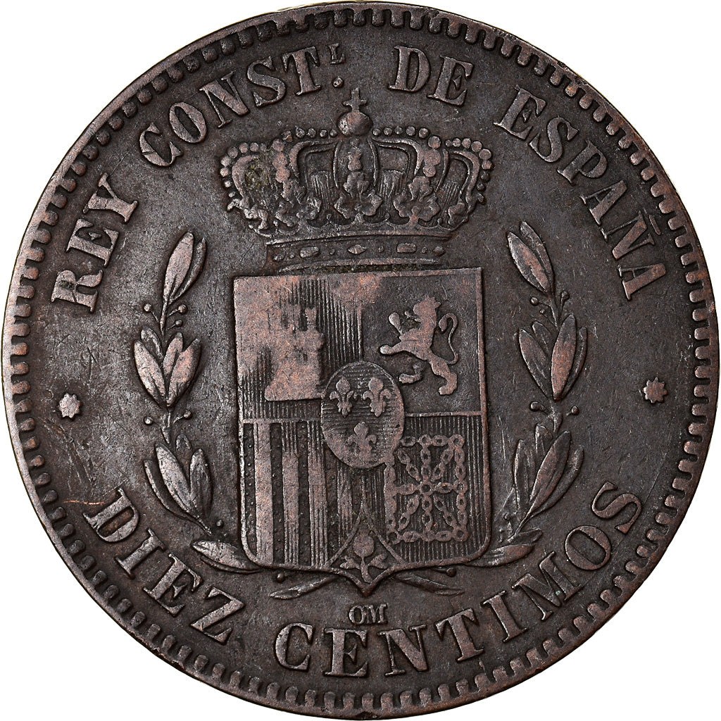 Münze, Spanien, Alfonso XII, 10 Centimos, 1879, Barcelona, SS, Bronze, KM:675