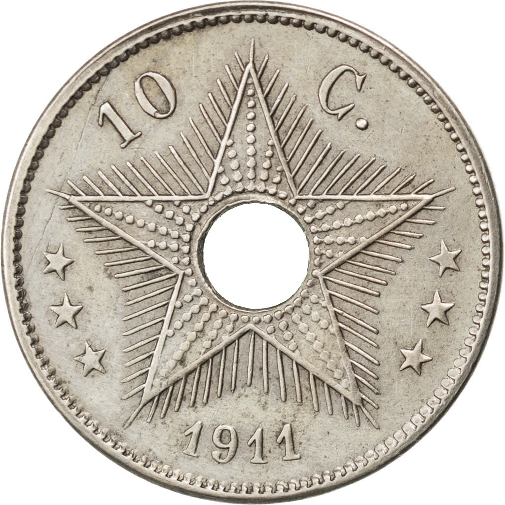 BELGIAN CONGO, 10 Centimes, 1911, Heaton, KM #18, EF(40-45), Copper-Nickel, 3.94