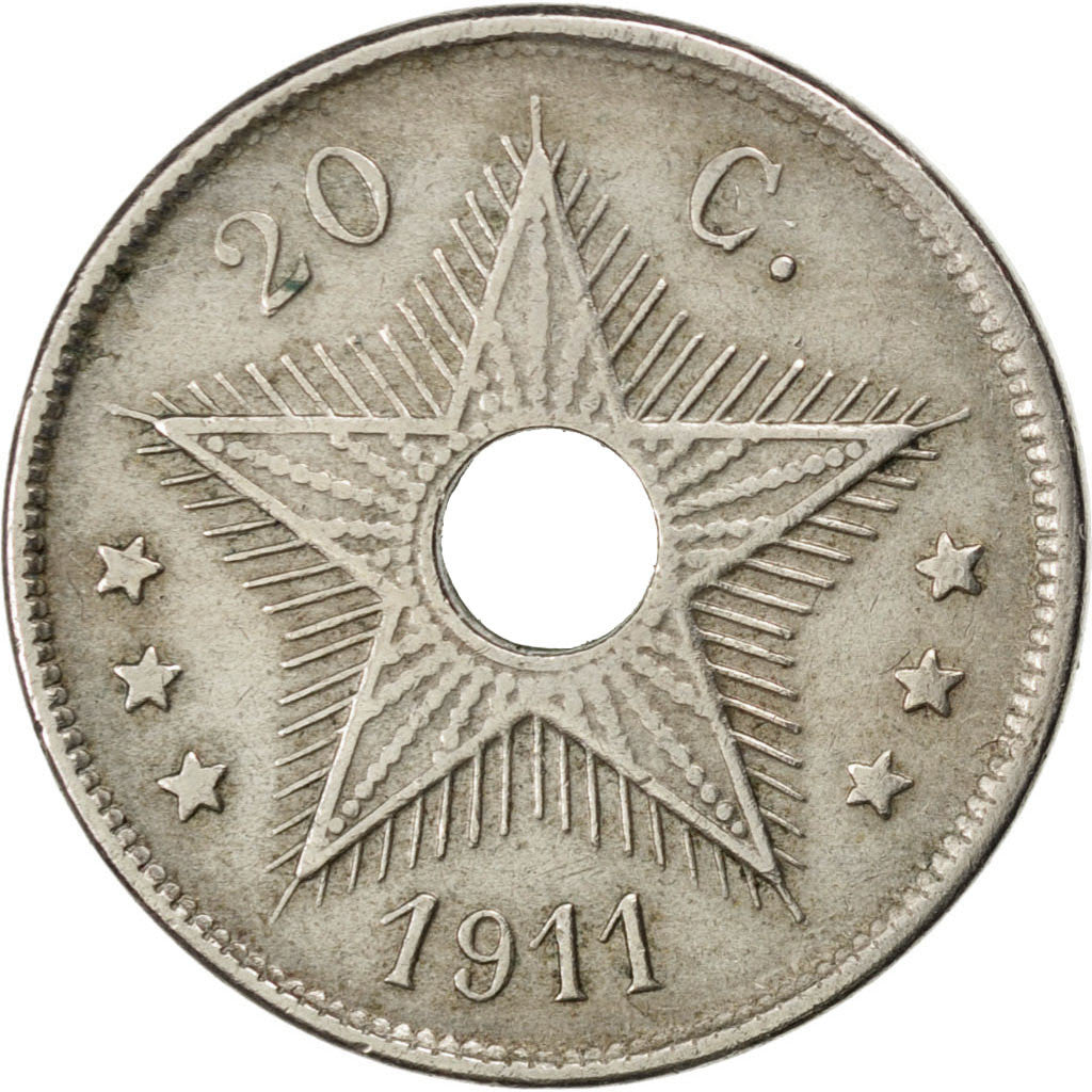 Moneta, Congo belga, 20 Centimes, 1911, BB, Rame-nichel, KM:19