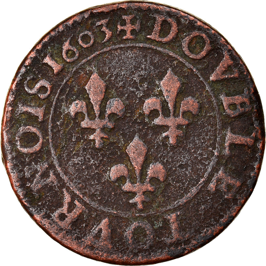 France, Henri IV, Double Tournois, 1603, Paris, VF(20-25), Copper, Sombart:4184