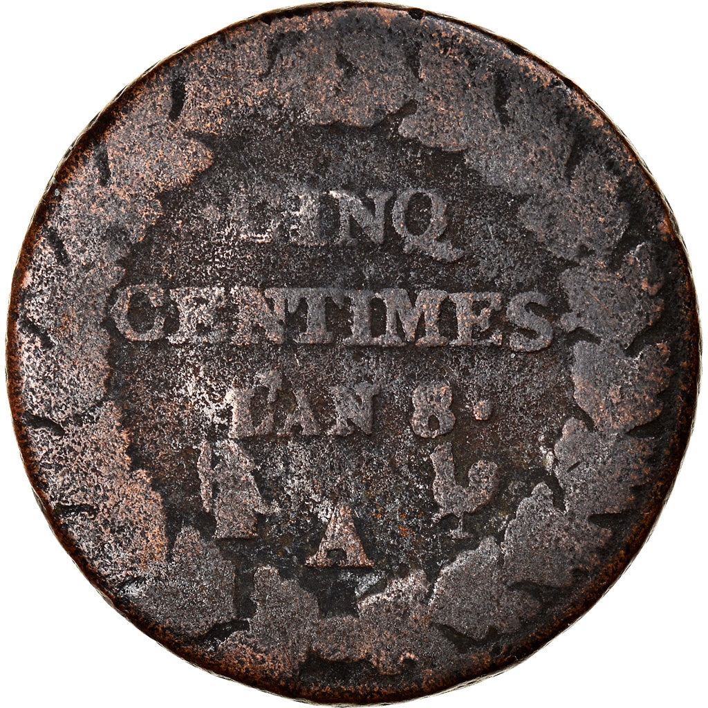 Monnaie, France, Dupré, 5 Centimes, AN 8, Paris, B+, Bronze, Gadoury:126a