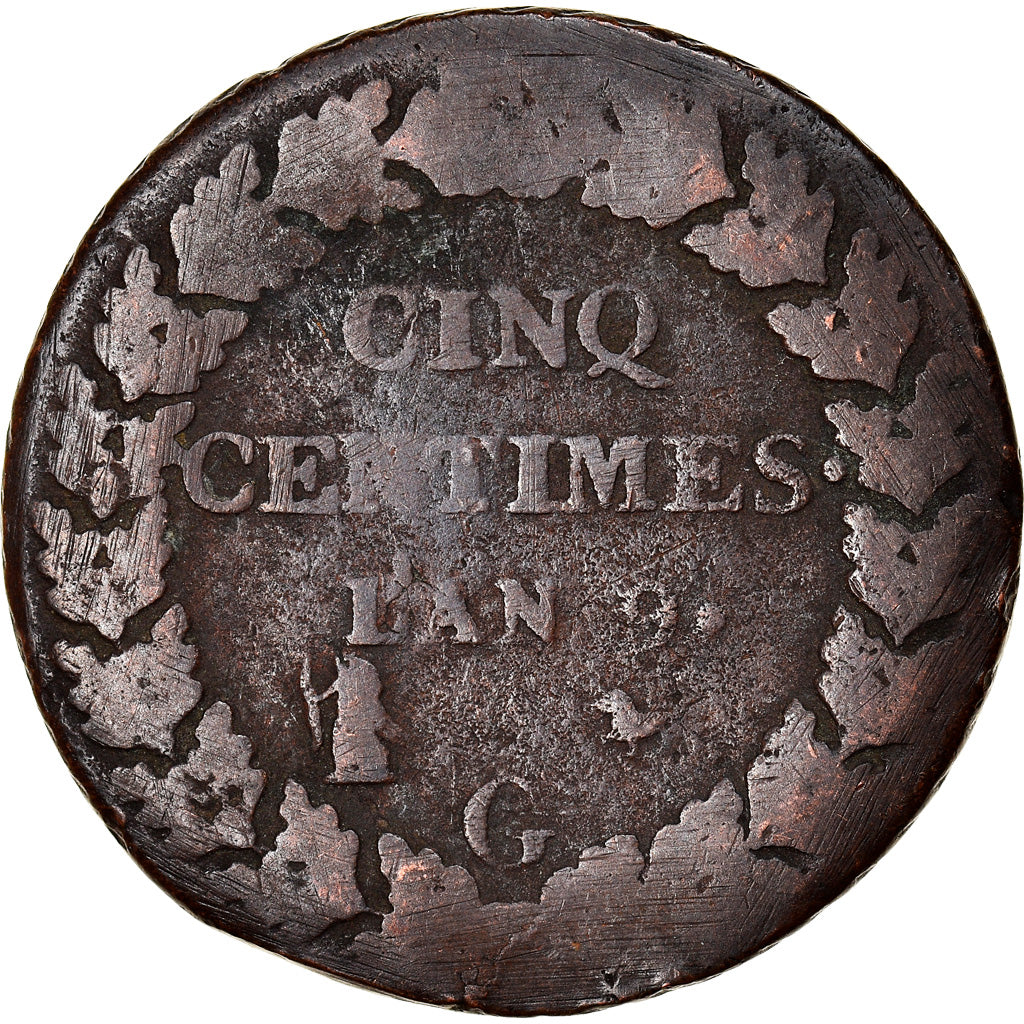 Moneta, Francia, Dupré, 5 Centimes, AN 9, Geneva, B+, Bronzo, KM:640.6