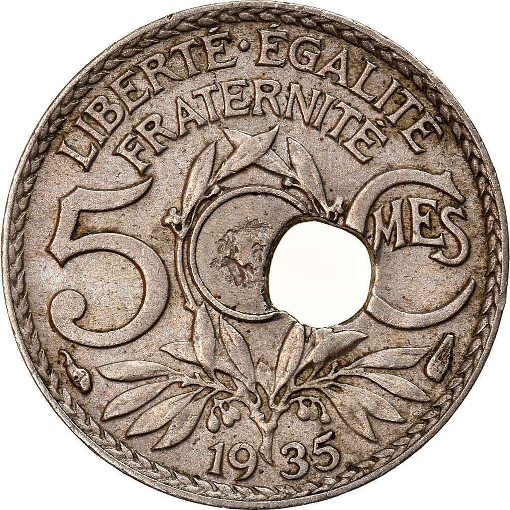 Münze, Frankreich, Lindauer, 5 Centimes, 1935, Trou Décentré, SS+