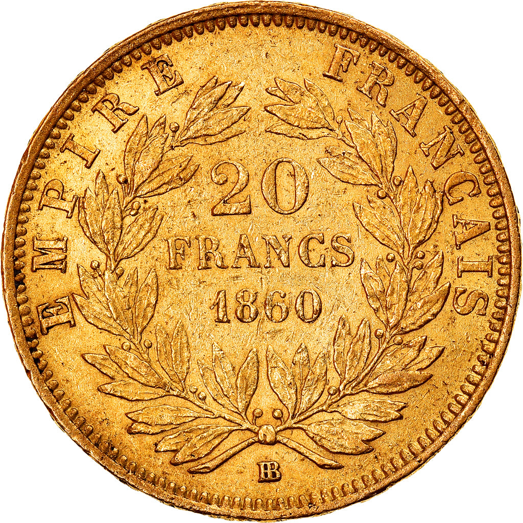 Moneta, Francja, Napoleon III, 20 Francs, 1860, Strasbourg, EF(40-45), Złoto