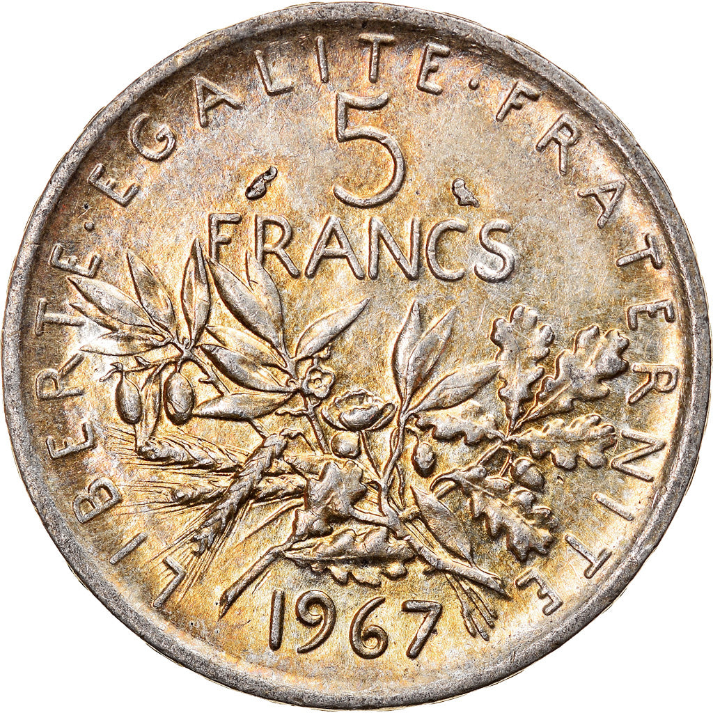 Moneda, Francia, Semeuse, 5 Francs, 1967, Paris, MBC+, Plata, KM:926