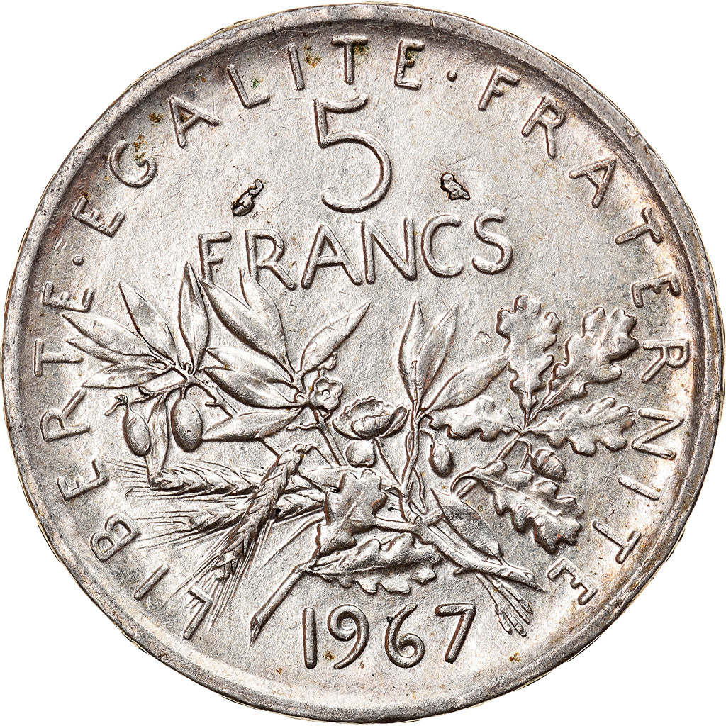 Moneda, Francia, Semeuse, 5 Francs, 1967, Paris, MBC+, Plata, KM:926