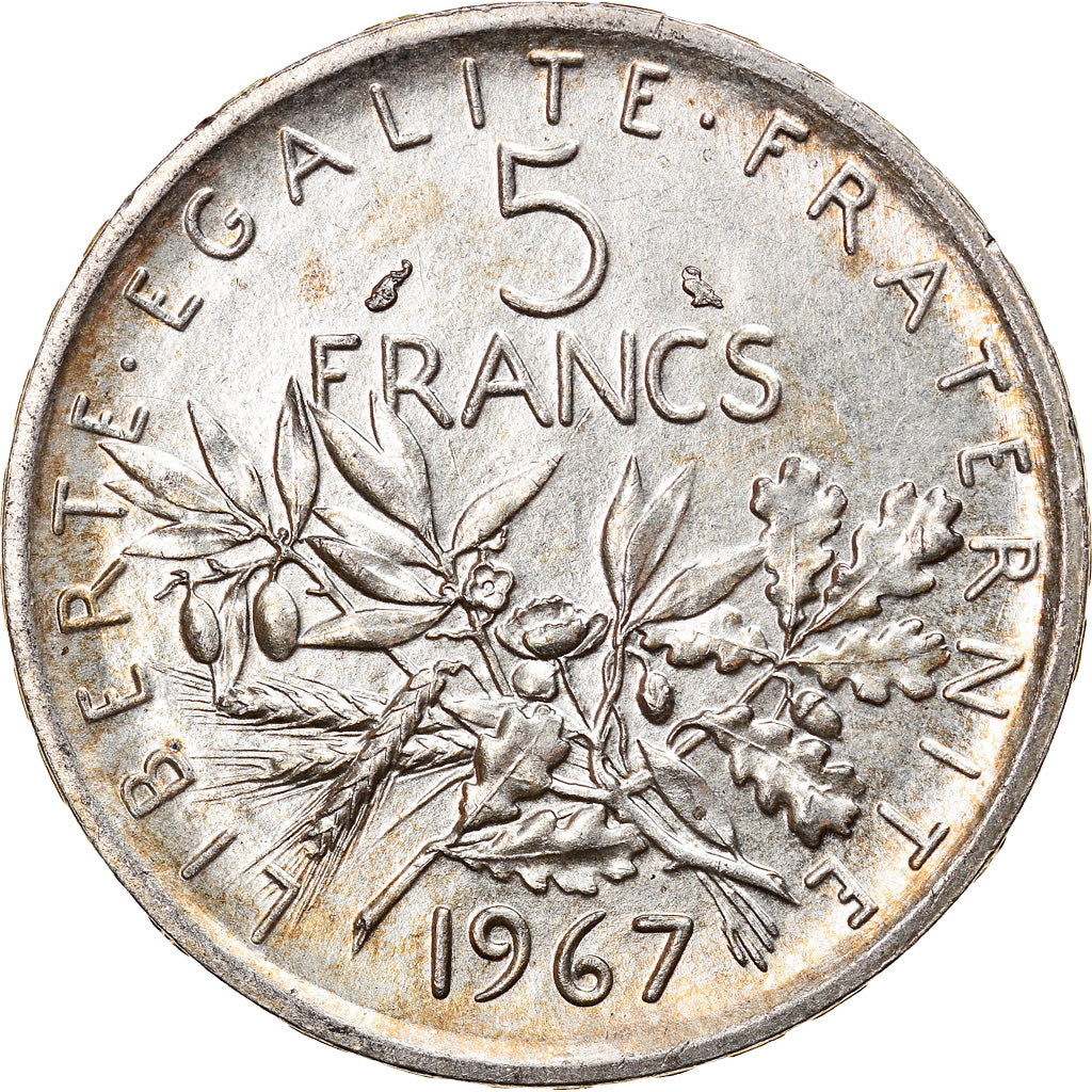 Moneda, Francia, Semeuse, 5 Francs, 1967, Paris, MBC+, Plata, KM:926