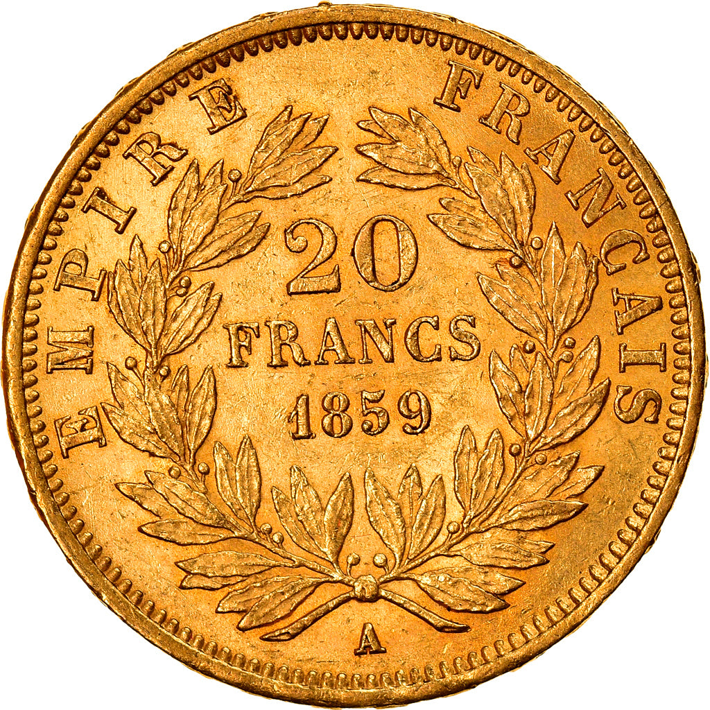 Moneta, Francia, Napoleon III, 20 Francs, 1859, Paris, BB+, Oro, KM:781.1
