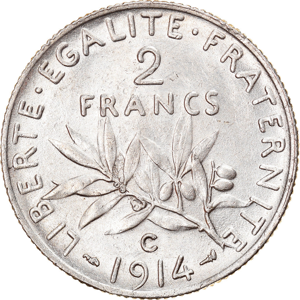 Moeda, França, Semeuse, 2 Francs, 1914, Castelsarrasin, MS(60-62), Prata